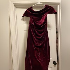 Vince Camuto maroon velvet off the shoulder dress